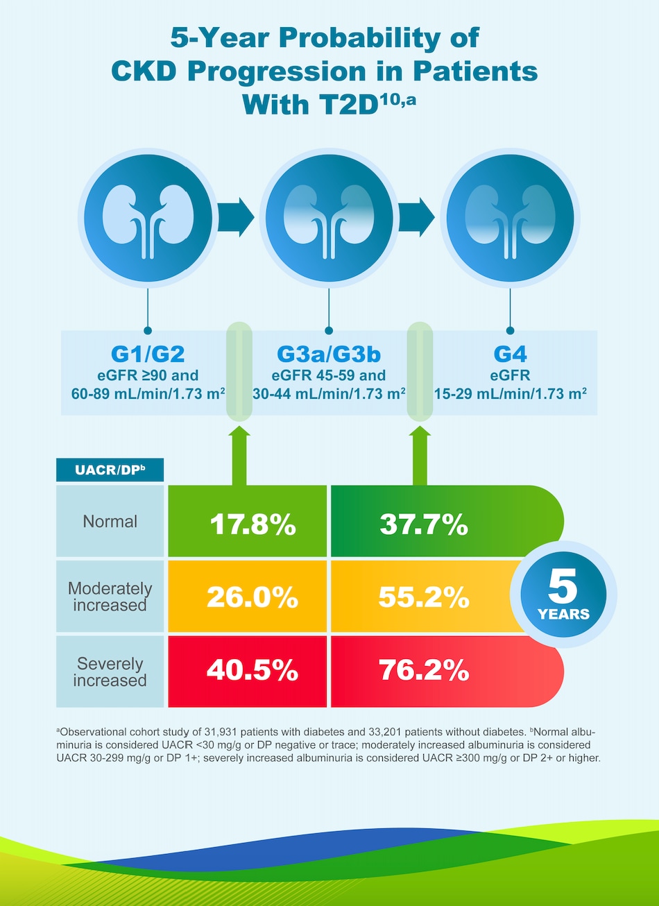 Infographic showing chronic kidney disease stages G1 to G4 with corresponding eGFR values and UACR levels highlighting 5-year risk percentages from normal to severely increased
