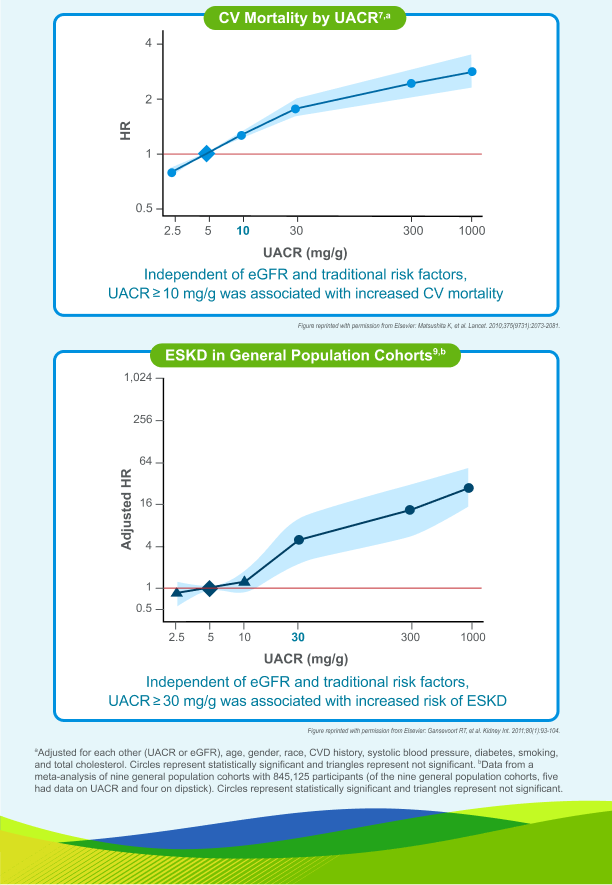Graph from infographic shows increased CV mortality with higher UACR noting this is independent of eGFR and traditional risk factors