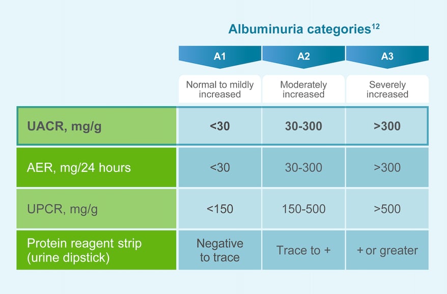 Table showing values across albuminuria categories A1, A2, A3 for UACR, AER, UPCR, and urine dipstick methods highlighting UACR as the preferred CKD detection method in type 2 diabetes