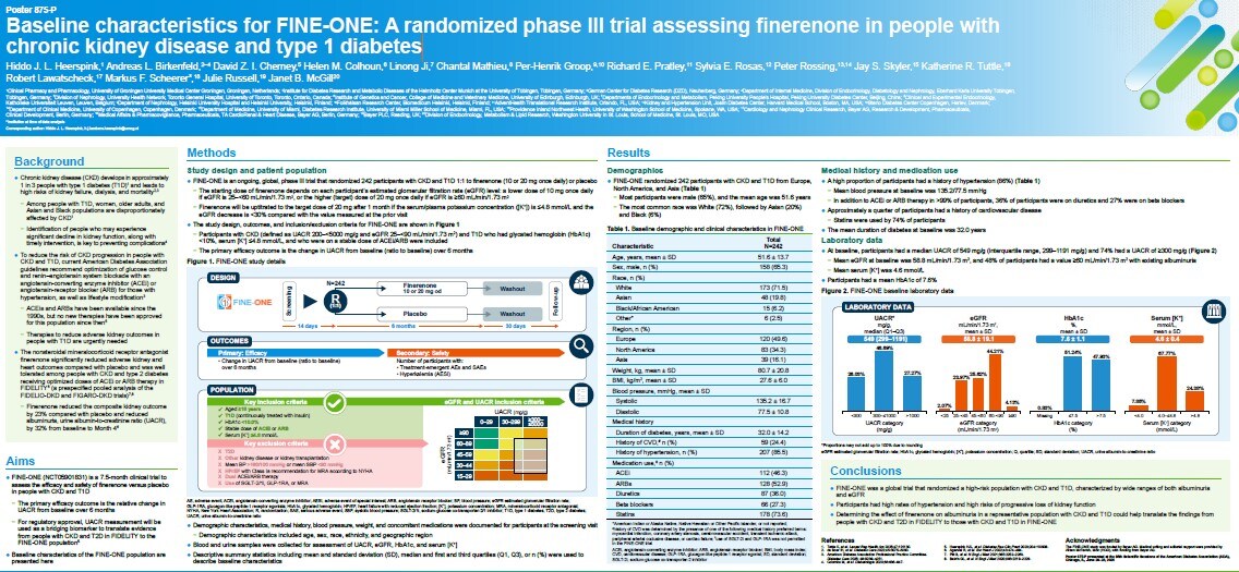 Poster on the baseline characteristics for FINE-ONE: A randomized phase III trial assessing finerenone in people with chronic kidney disease and type 1